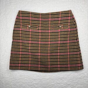 LOFT Skirt Womens 8 Tan Black Pink Houndstooth Plaid Mini Tweed Lined Career
